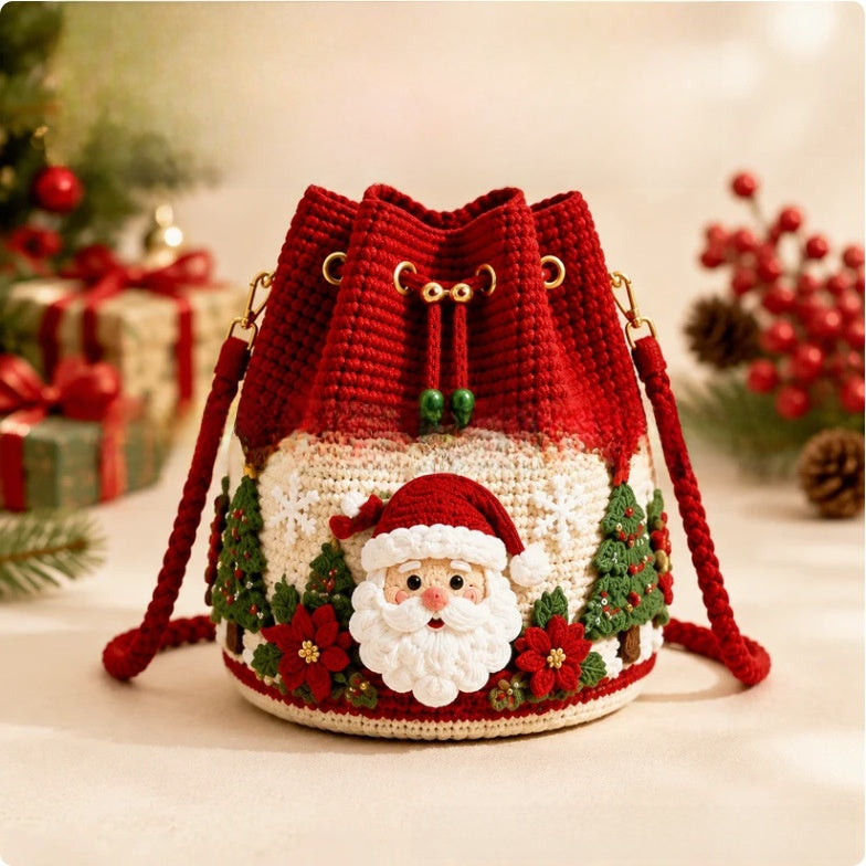 Handmade Crochet Christmas Gift Bag - Wool Yarn Drawstring Santa, Reindeer & Christmas Tree Hanging Decoration