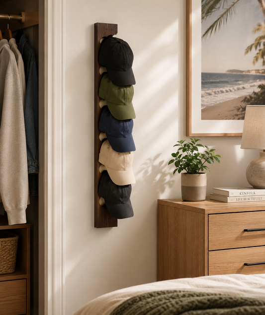Wooden Baseball Cap Wall Rack–Space-Saving Hat Organiser & Display Holder