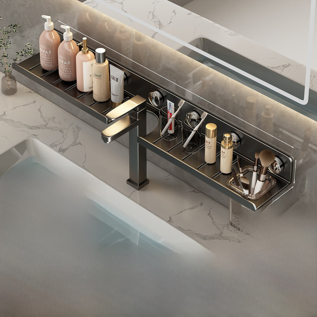 Suction Cup Bathroom Mirror with Storage Shelf - Wall Mounted No-Drill Bathroom Organiser in Gun Grey