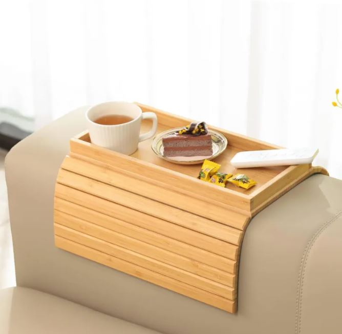 Foldable Sofa Arm Tray Table–Wooden Snack Tray, Drink Holder & Couch Organiser