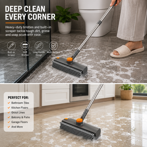 Heavy Duty Floor Scrub Brush–Bathroom Crevice Cleaning Brush With Built-In Scraper