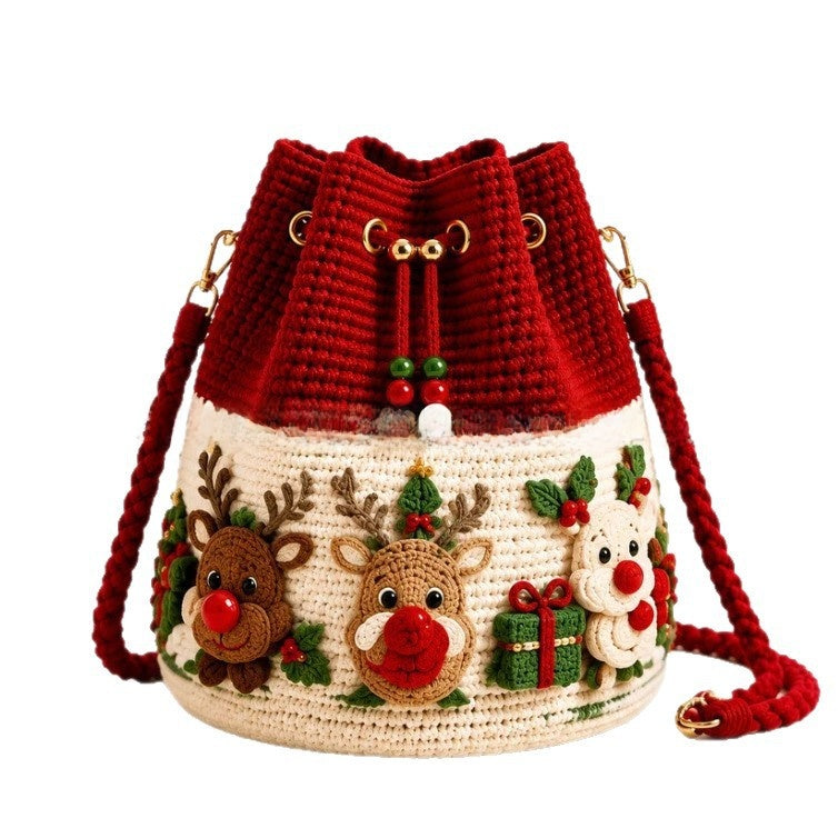 Handmade Crochet Christmas Gift Bag - Wool Yarn Drawstring Santa, Reindeer & Christmas Tree Hanging Decoration