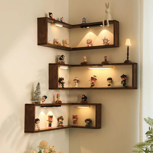 Wooden Corner Wall Shelf - Modern Floating Display Shelf for Living Room & Bedroom
