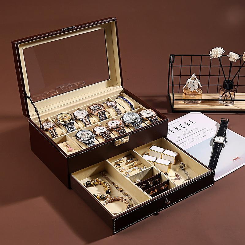 Watch & Jewelry Storage Box–Double Layer Display Case with Glass Window, 12 Slot Watch Organiser (Luxury Jewellery Box)