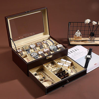 Watch & Jewelry Storage Box–Double Layer Display Case with Glass Window, 12 Slot Watch Organiser (Luxury Jewellery Box)