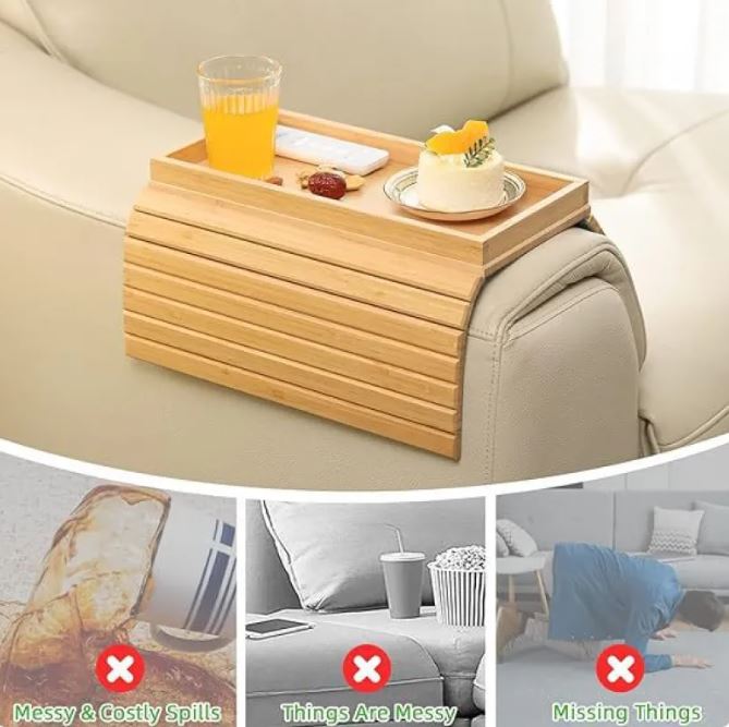 Foldable Sofa Arm Tray Table–Wooden Snack Tray, Drink Holder & Couch Organiser