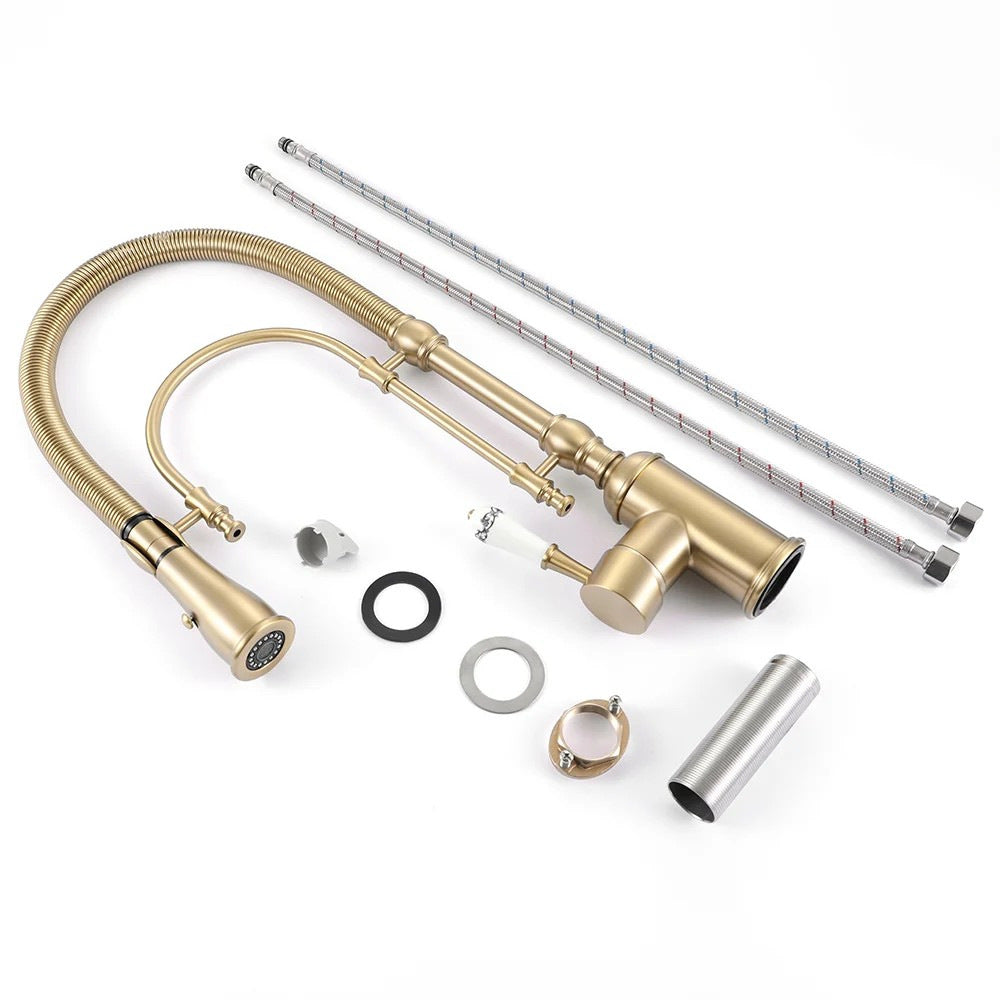 Luxury Copper Kitchen Mixer Tap - Pull-Down Spring Kitchen Faucet with Multifunction Spray Head & Hot Cold Water Control