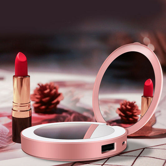 Portable LED Makeup Mirror Power Bank–5X Magnifying Travel Vanity Mirror with USB Charging