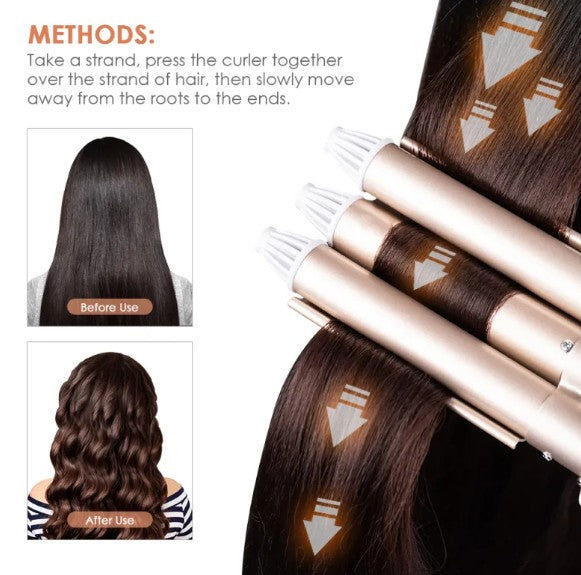 Three Barrel Curling Iron–Ceramic Ionic Hair Waver for Beach Waves & Voluminous Curls