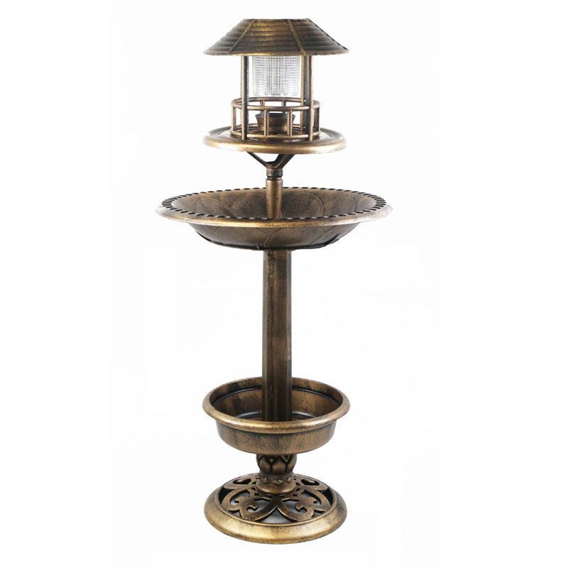 Solar Bird Bath & Feeder with LED Light - Antique Outdoor Garden Bird Station