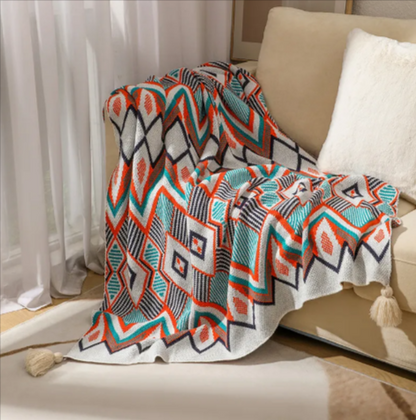 Bohemian Geometric Sofa Cover Blanket–Decorative Tassel Throw for Sofa, Bed & Home Décor