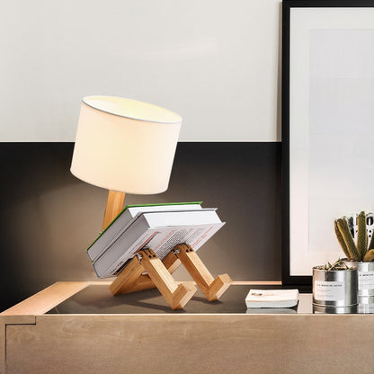 Wooden Robot Desk Lamp - Adjustable Nordic Bedside Table Lamp with Fabric Shade