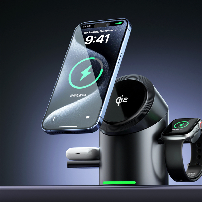 3-in-1 Magnetic Wireless Charging Stand–Fast Charging Dock for Phone, Watch & Earbuds