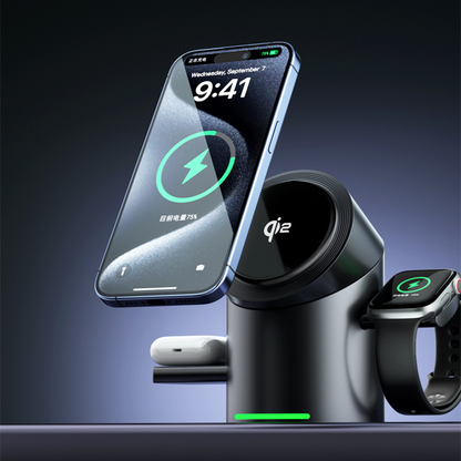 3-in-1 Magnetic Wireless Charging Stand–Fast Charging Dock for Phone, Watch & Earbuds