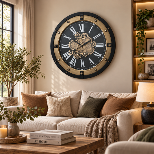 80cm Large Industrial Wall Clock - Vintage Gear Silent Round Statement Clock