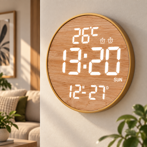12 Inch Bamboo LED Digital Wall Clock - Remote Control Calendar, Temperature & Alarm Display