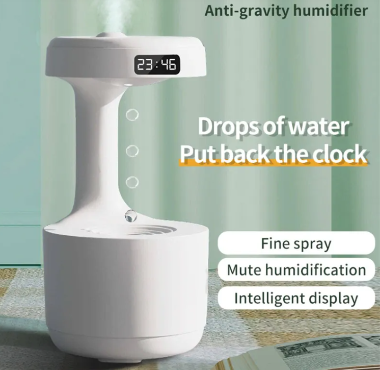Anti-Gravity Humidifier with Clock & Aroma Diffuser–Silent Air Moisturiser for Home & Office
