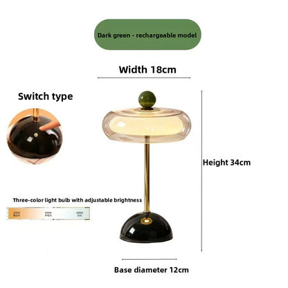Vintage Rechargeable Glass Table Lamp - USB Touch Dimmable Mushroom LED Lamp