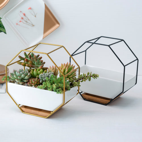 Nordic Ceramic Wall Planter–Modern Geometric Hanging Plant Pot With Bamboo Stand