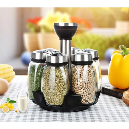 Rotating Spice Rack with Airtight Jars–360° Kitchen Organiser, Space-Saving Spice Storage Set with Sealed Bottles