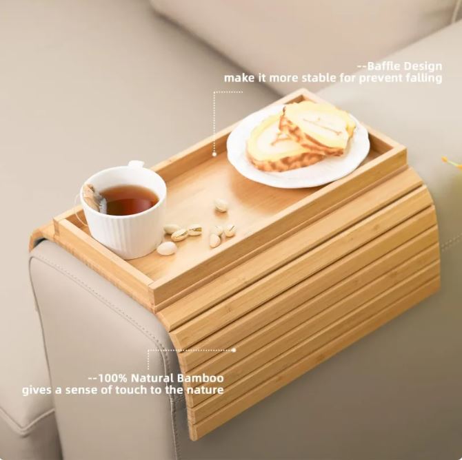 Foldable Sofa Arm Tray Table–Wooden Snack Tray, Drink Holder & Couch Organiser