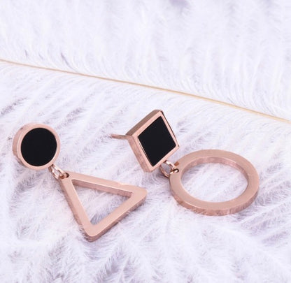 Titanium Steel Geometric Earrings–Rose Gold Asymmetrical Drop Earrings, Modern Triangle & Circle Statement Jewellery
