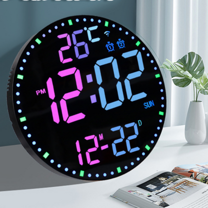 12 Inch Bamboo LED Digital Wall Clock - Remote Control Calendar, Temperature & Alarm Display