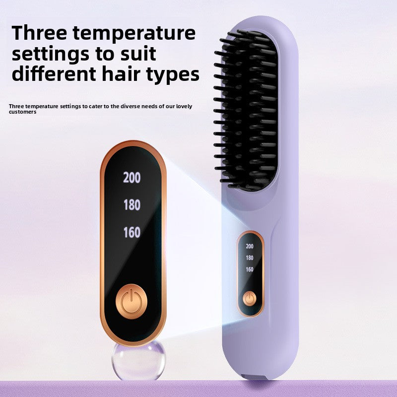 Cordless Hair Straightener & Curler Comb - Rechargeable 2-in-1 Ceramic Heated Styling Brush