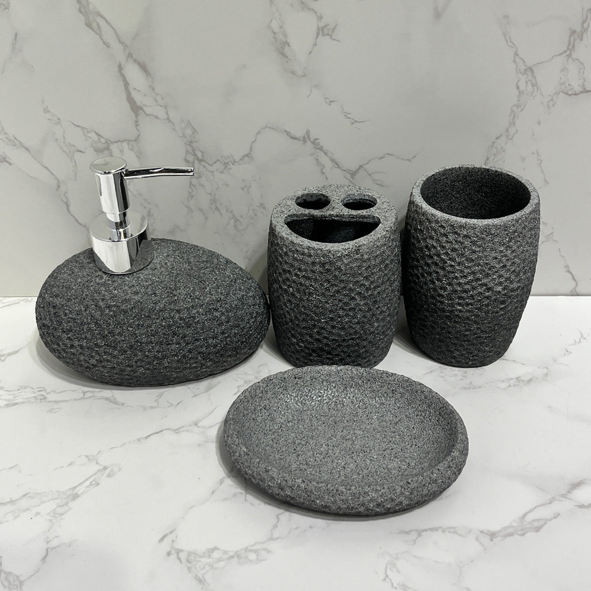 4 Piece Resin Bathroom Accessories Set - Sandstone Soap Dispenser, Toothbrush Holder, Tumbler & Tray