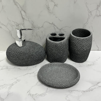 4 Piece Resin Bathroom Accessories Set - Sandstone Soap Dispenser, Toothbrush Holder, Tumbler & Tray