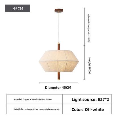 Japanese Wabi-Sabi Pendant Light - Natural Wood & Woven Fabric LED Ceiling Light for Dining Room & Living Room