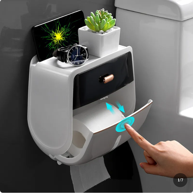 Wall Mounted Waterproof Tissue Box-Bathroom Toilet Paper Holder Storage Case-Dustproof Plastic Organiser (Black & Grey)