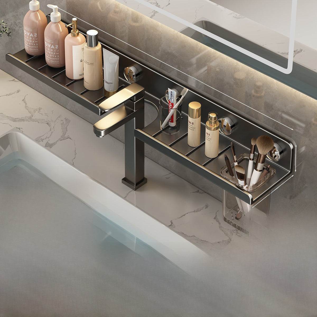 Suction Cup Bathroom Mirror with Storage Shelf - Wall Mounted No-Drill Bathroom Organiser in Gun Grey