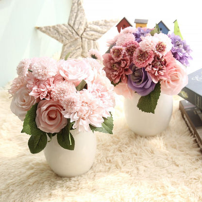 Simulated Dahlia Rose Bouquet–Luxury Silk Faux Flowers for Elegant Home Décor
