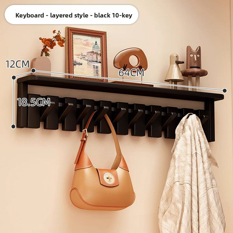 Solid Wood Piano Key Wall Hook Rack with Shelf - Entryway Coat & Key Organiser