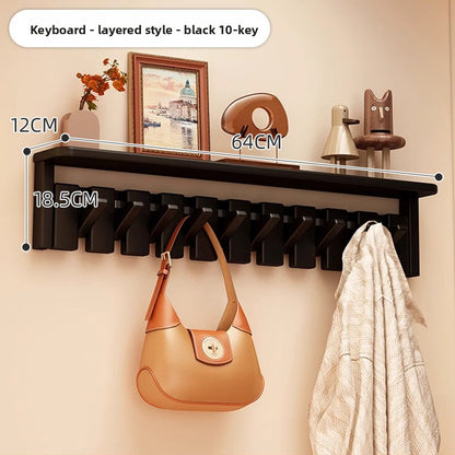 Solid Wood Piano Key Wall Hook Rack with Shelf - Entryway Coat & Key Organiser