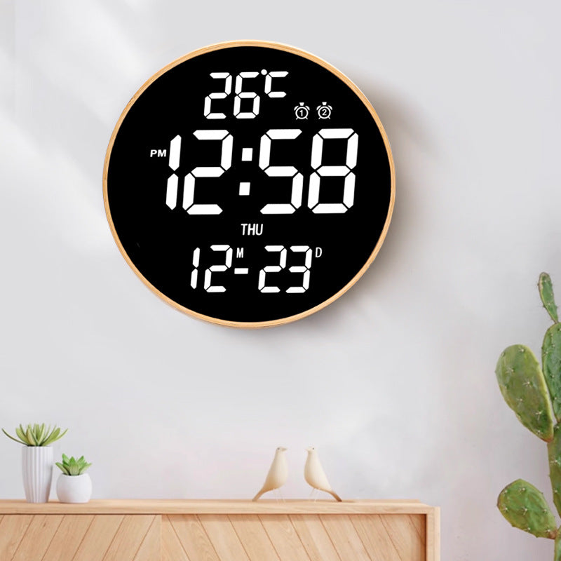 12 Inch Bamboo LED Digital Wall Clock - Remote Control Calendar, Temperature & Alarm Display