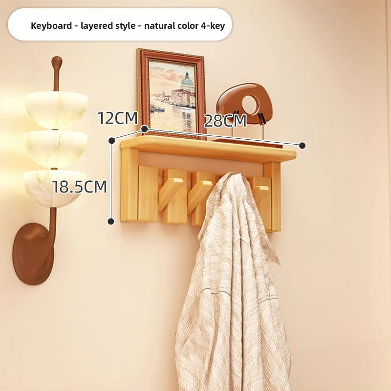 Solid Wood Piano Key Wall Hook Rack with Shelf - Entryway Coat & Key Organiser