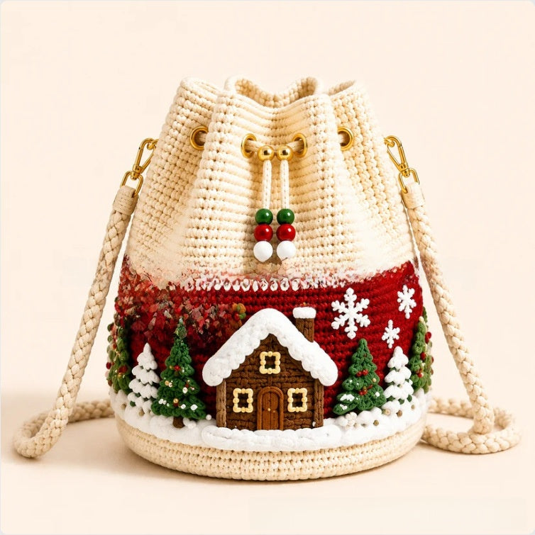 Handmade Crochet Christmas Gift Bag - Wool Yarn Drawstring Santa, Reindeer & Christmas Tree Hanging Decoration