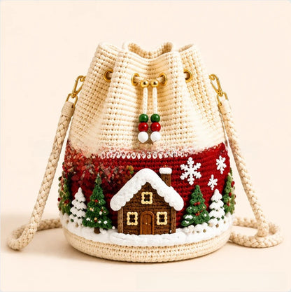 Handmade Crochet Christmas Gift Bag - Wool Yarn Drawstring Santa, Reindeer & Christmas Tree Hanging Decoration