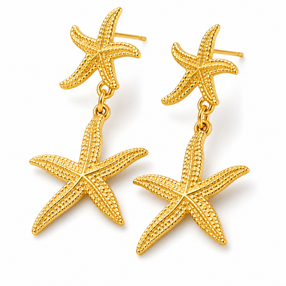 18K Gold Plated Starfish Earrings–Long Drop Titanium Steel Earrings, Coastal Style Statement Jewellery