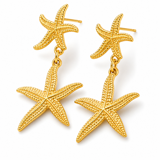 18K Gold Plated Starfish Earrings–Long Drop Titanium Steel Earrings, Coastal Style Statement Jewellery