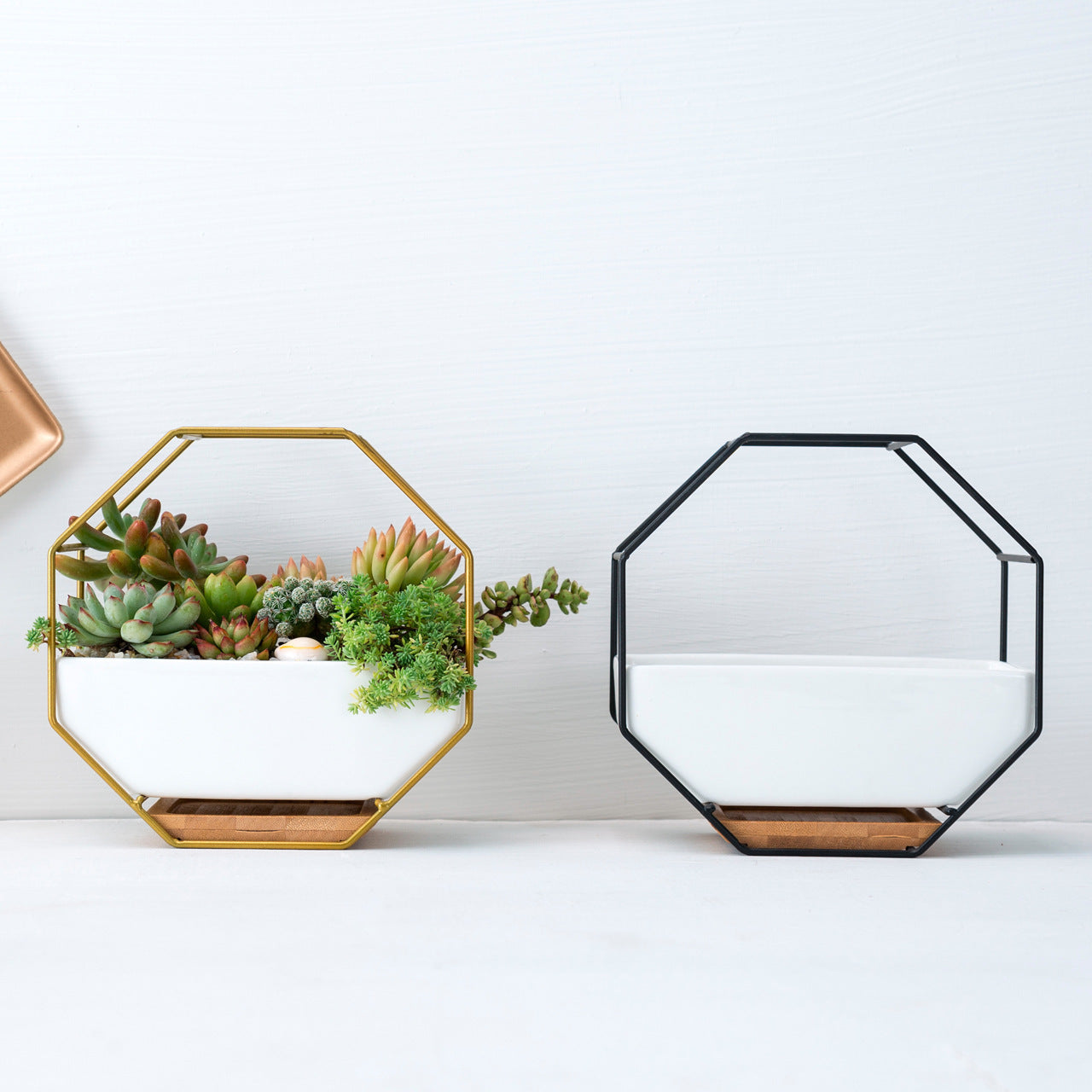 Nordic Ceramic Wall Planter–Modern Geometric Hanging Plant Pot With Bamboo Stand