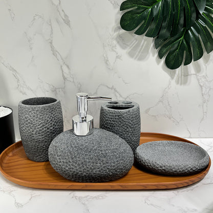 4 Piece Resin Bathroom Accessories Set - Sandstone Soap Dispenser, Toothbrush Holder, Tumbler & Tray