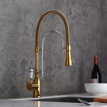 Luxury Copper Kitchen Mixer Tap - Pull-Down Spring Kitchen Faucet with Multifunction Spray Head & Hot Cold Water Control