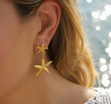 18K Gold Plated Starfish Earrings–Long Drop Titanium Steel Earrings, Coastal Style Statement Jewellery