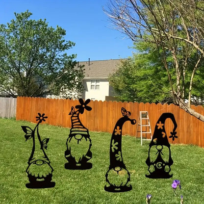 Rustic Metal Garden Gnome Stake–Decorative Iron Garden Silhouette Ornament