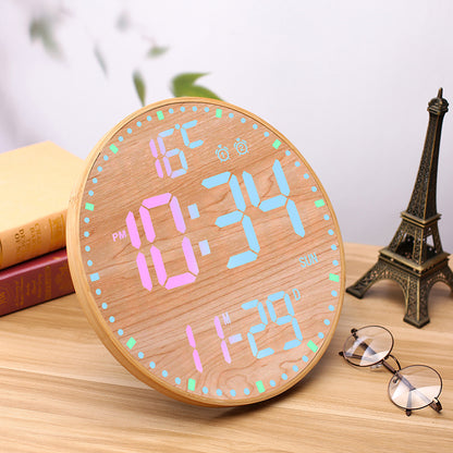 12 Inch Bamboo LED Digital Wall Clock - Remote Control Calendar, Temperature & Alarm Display