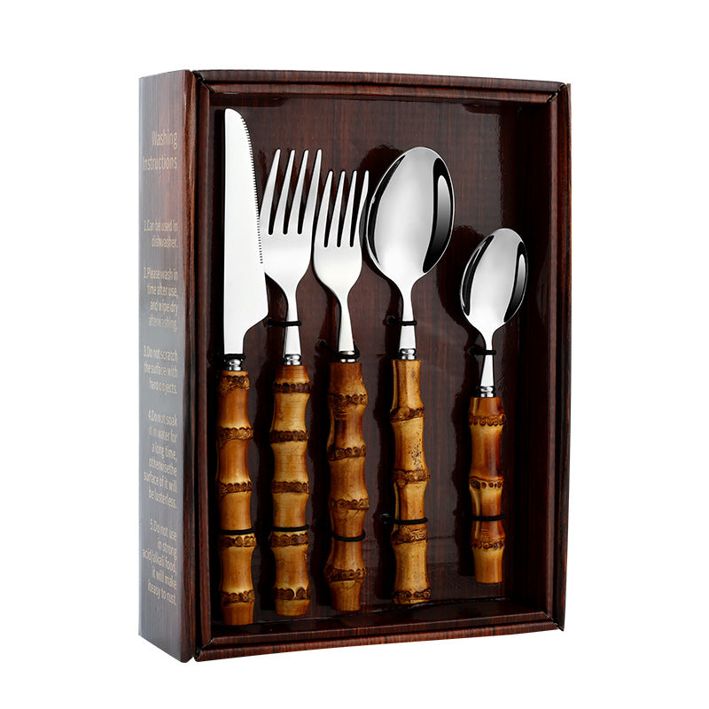 304 Stainless Steel Cutlery Set with Bamboo Handles–Luxury Gold & Silver Flatware Set, Modern Dining Tableware (20/24 Piece Set)