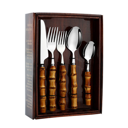 304 Stainless Steel Cutlery Set with Bamboo Handles–Luxury Gold & Silver Flatware Set, Modern Dining Tableware (20/24 Piece Set)